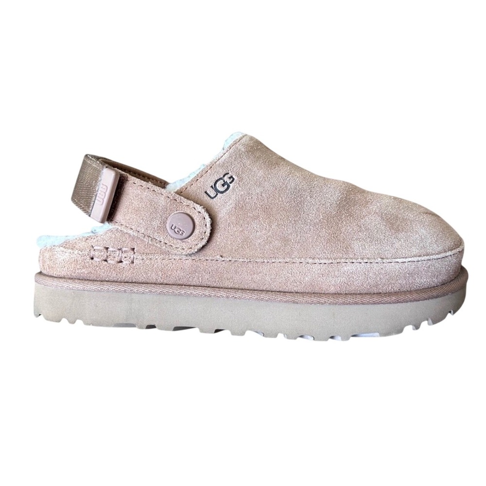 UGG GoldenGlow Clog Sand Suede Platform Slippers Women's Size 7.5 1168530 Tan
